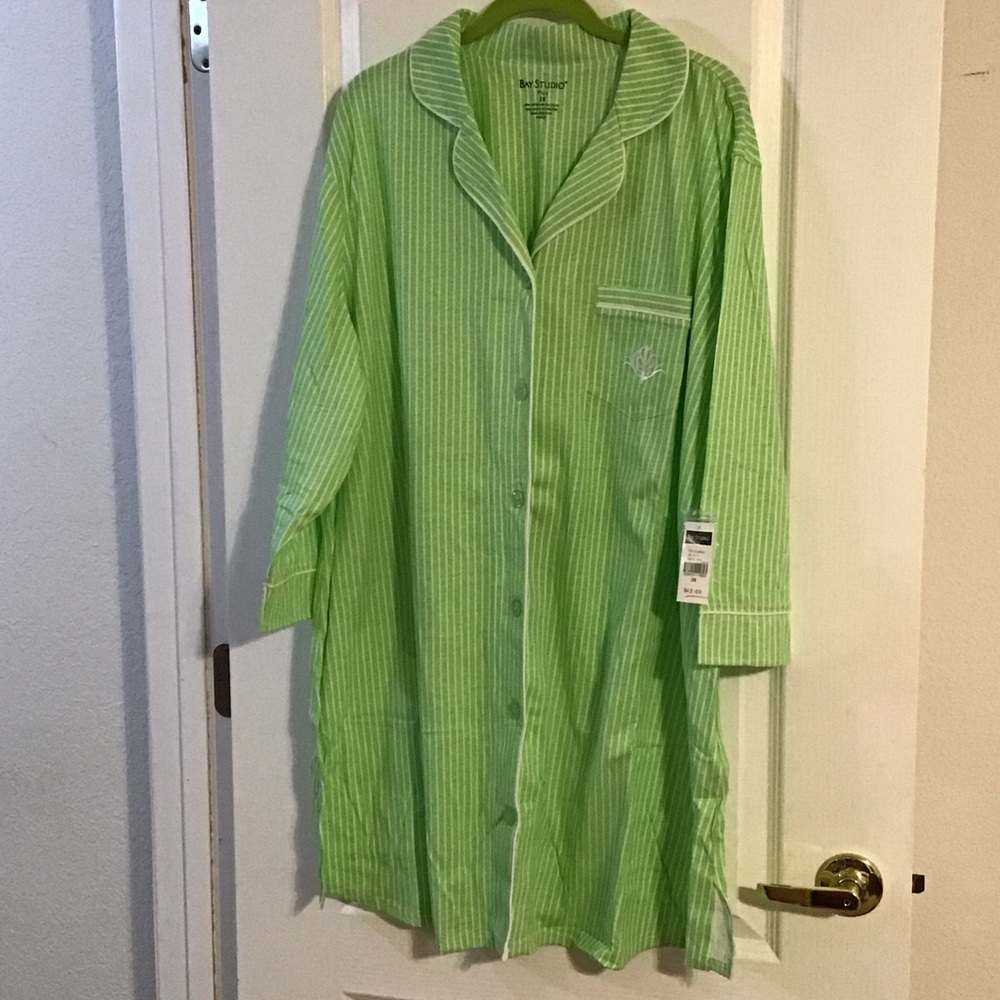 Bay Studio Lime Striped Long Sleeve Button-Up Night Shirt 2X